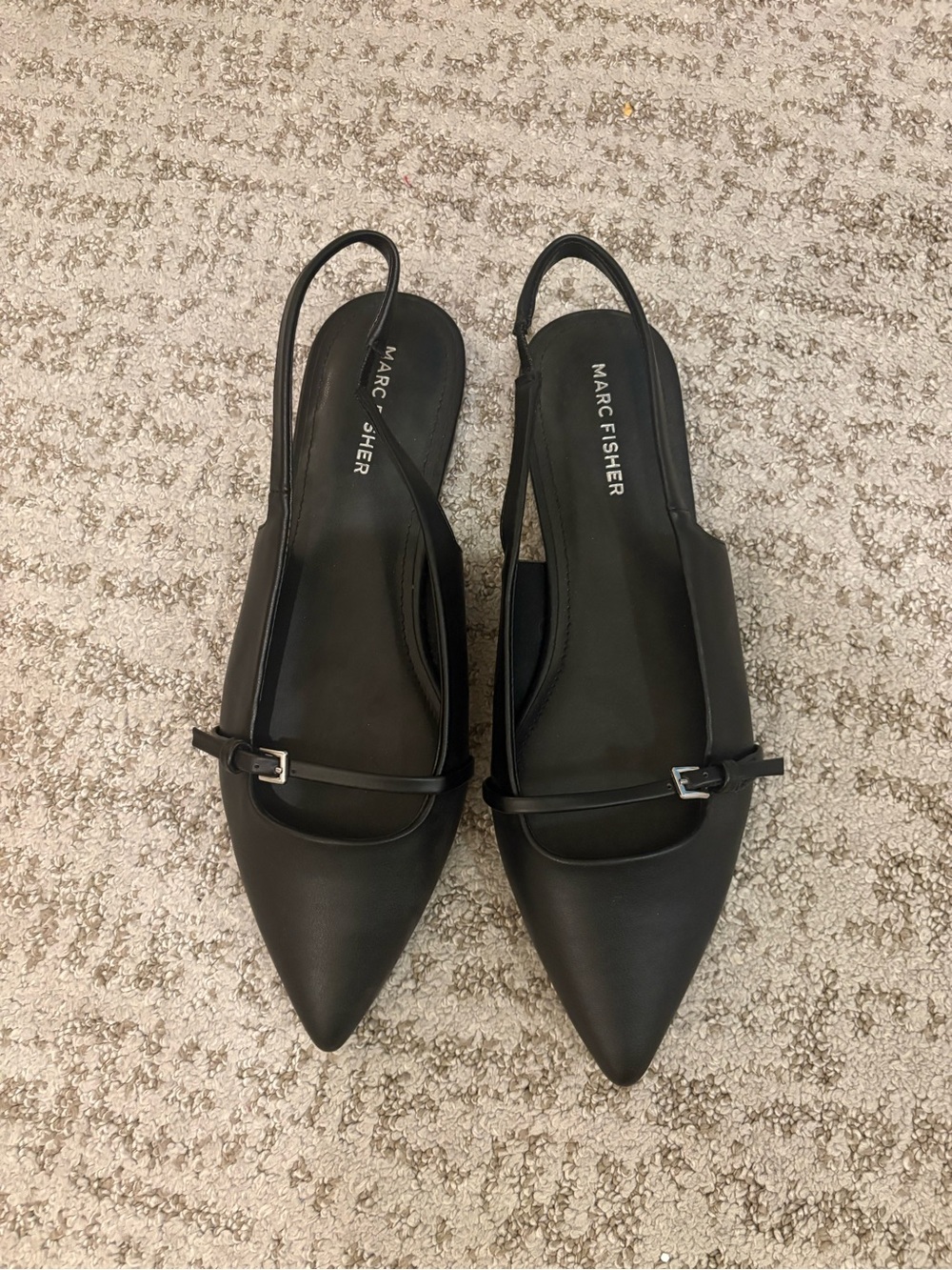 Marc Fisher Black Pointed Slingback Flats with Buckle Strap